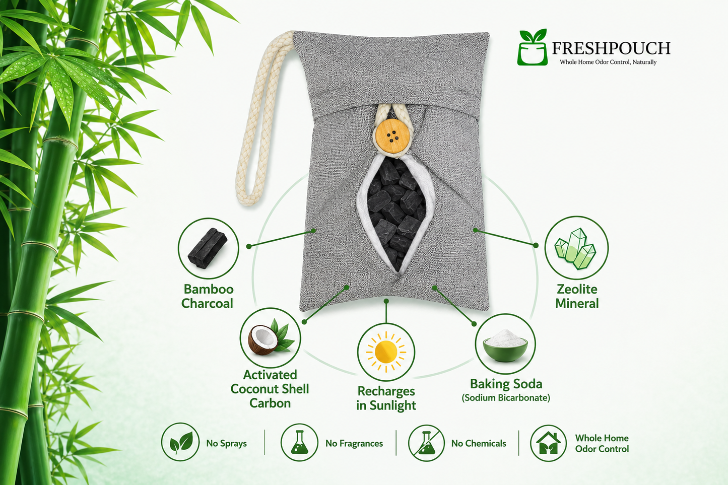 Gray FreshPouch with bamboo, charcoal, and mineral elements on a white background