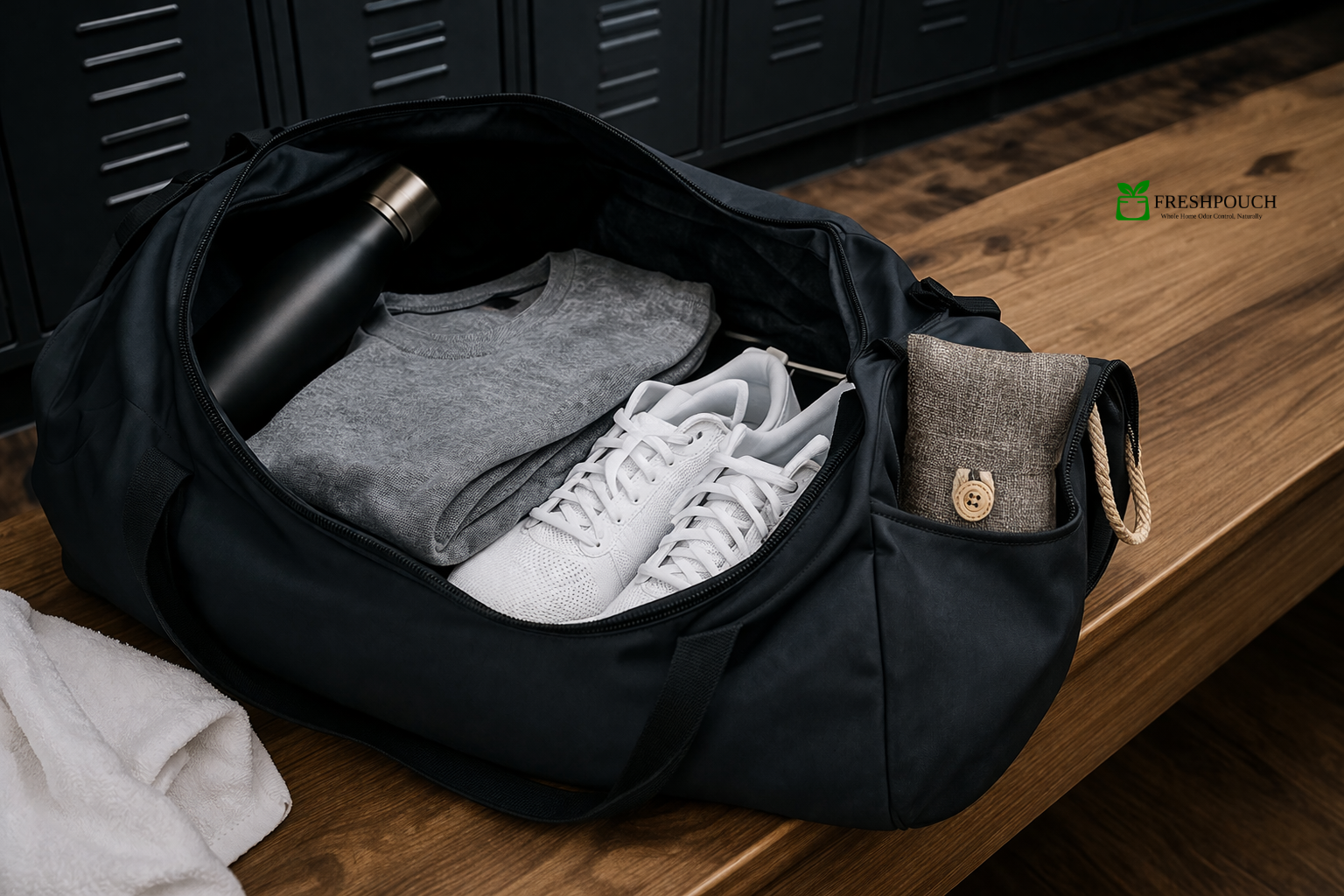 Open gym bag on a bench with workout gear and a grey FreshPouch bamboo charcoal pouch tucked inside — natural odor elimination for athletes.