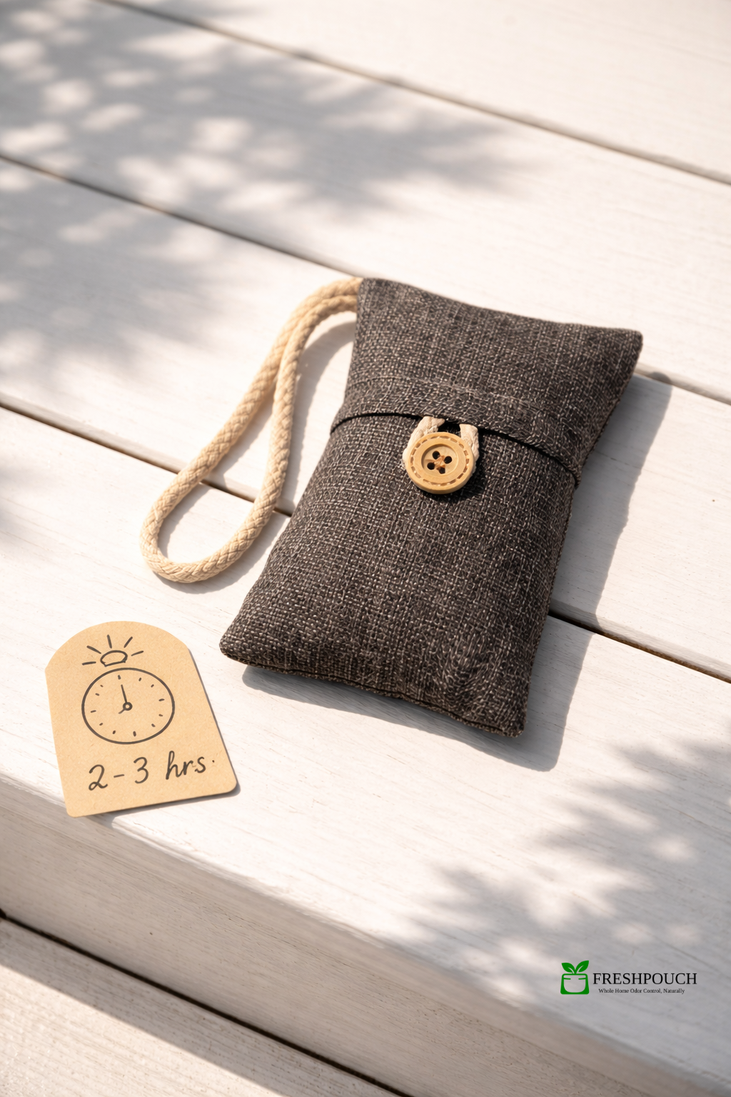 Charcoal air purifying pouch recharging in direct sunlight on a white wooden deck, eco-friendly FreshPouch odor eliminator with braided rope loop and wooden button, shown with “2–3 hrs” sun exposure tag for natural odor removal refresh.