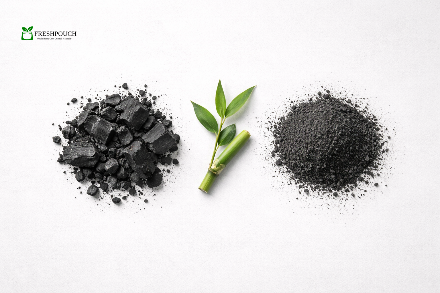 Side-by-side comparison of coal-based and bamboo activated charcoal granules with a green bamboo sprig — illustrating why bamboo charcoal is superior for air purification.
