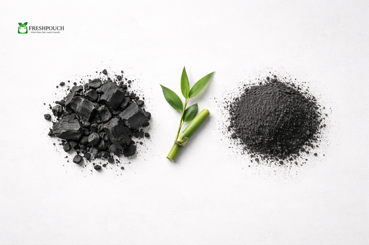 Side-by-side comparison of coal-based and bamboo activated charcoal granules with a green bamboo sprig — illustrating why bamboo charcoal is superior for air purification.
