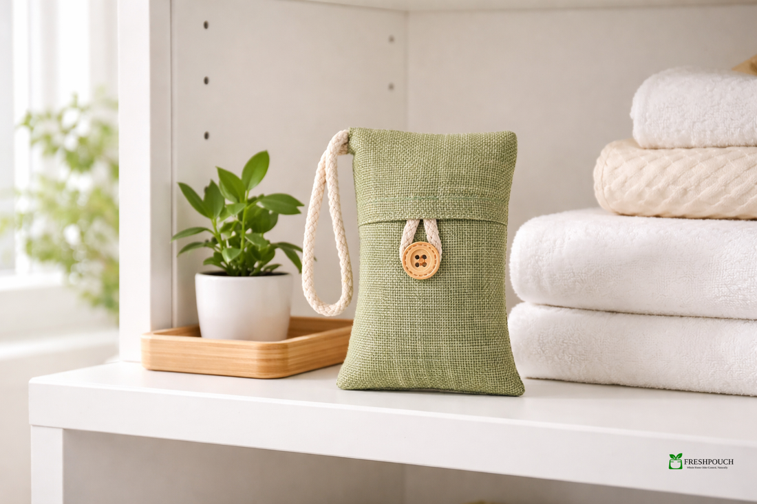 FreshPouch activated bamboo charcoal odor eliminator pouch on a clean white shelf with a green plant and folded white towels