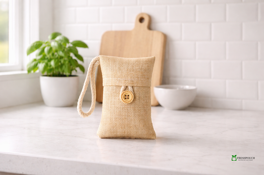 FreshPouch activated bamboo charcoal pouch on a marble kitchen counter beside a green herb plant and wood cutting board