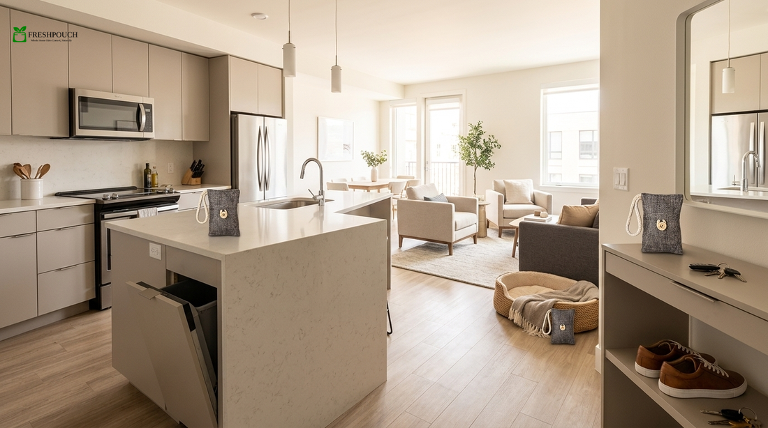 Multiple FreshPouch bamboo charcoal pouches placed throughout  a clean modern home — kitchen, living room, and entryway