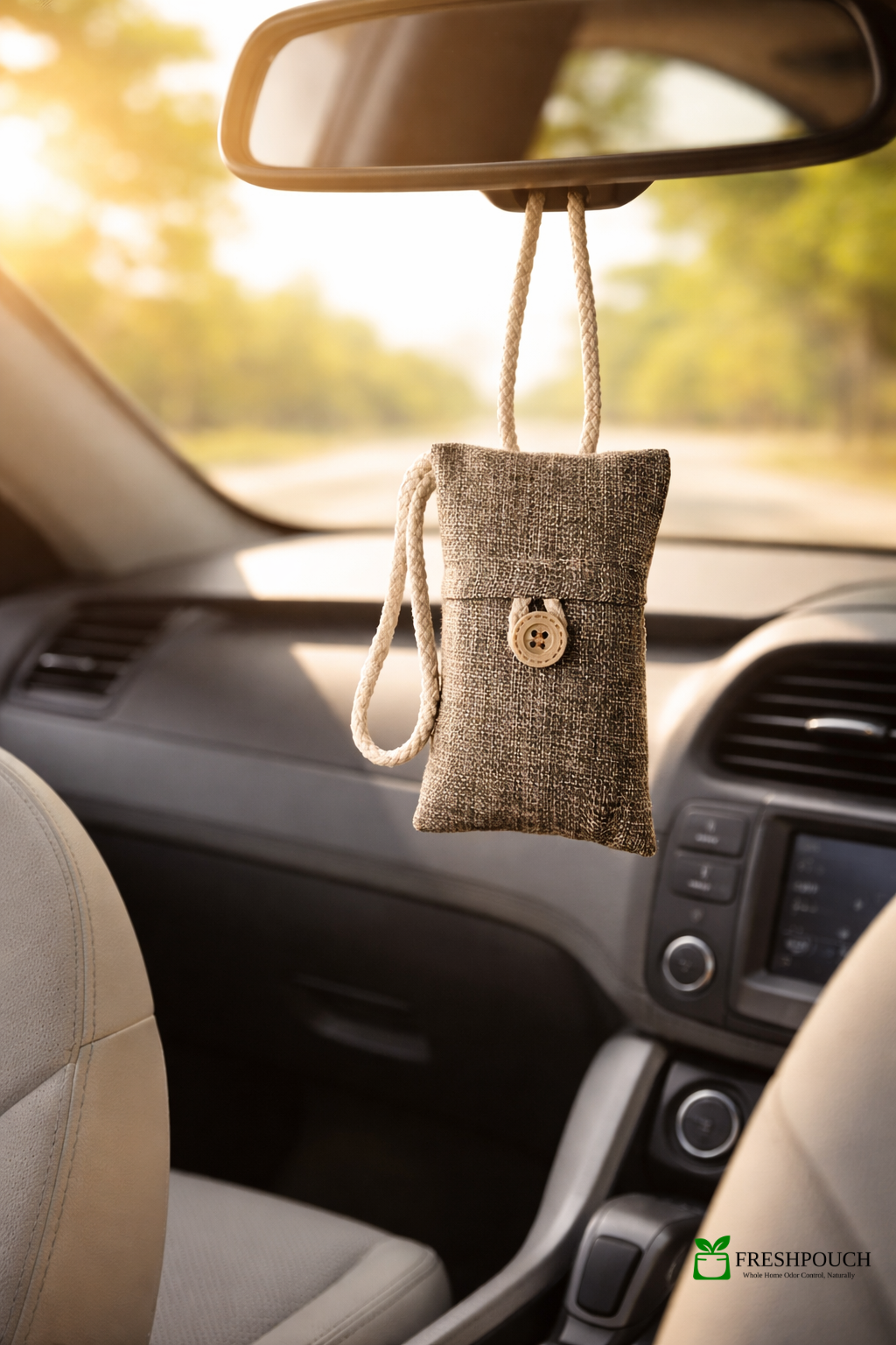 Burlap charcoal air purifying pouch hanging from a car rearview mirror in a clean sunlit interior, eco-friendly FreshPouch odor eliminator with braided rope loop and wooden button, reducing car odors naturally.