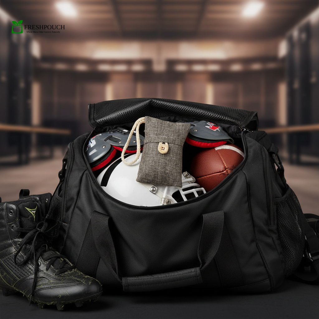 FreshPouch bamboo charcoal pouch inside a gym bag on a  locker room bench with open school locker in the background