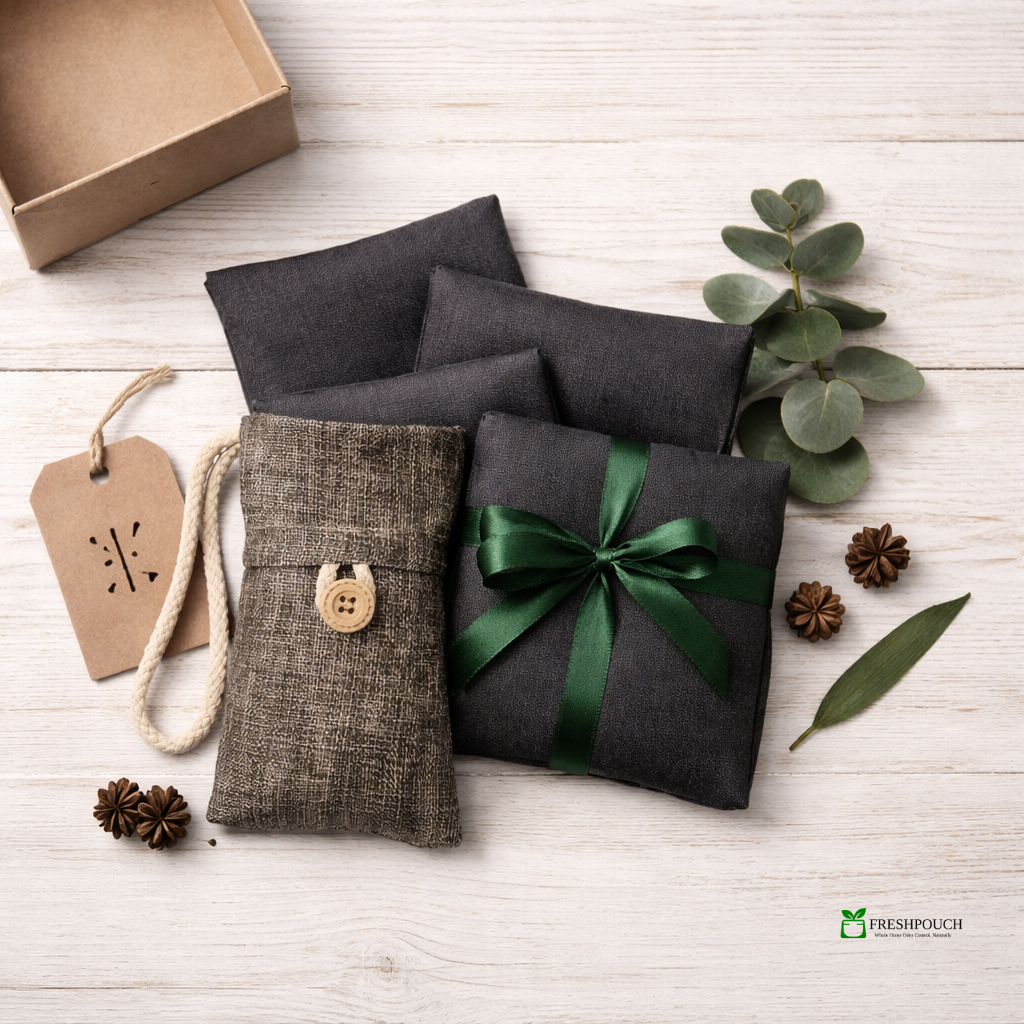 Eco-friendly charcoal air purifying pouches arranged in a minimalist flat lay on a whitewashed wood surface, featuring linen and burlap FreshPouch odor eliminator bags with green ribbon, eucalyptus leaves, and natural gift packaging accents.
