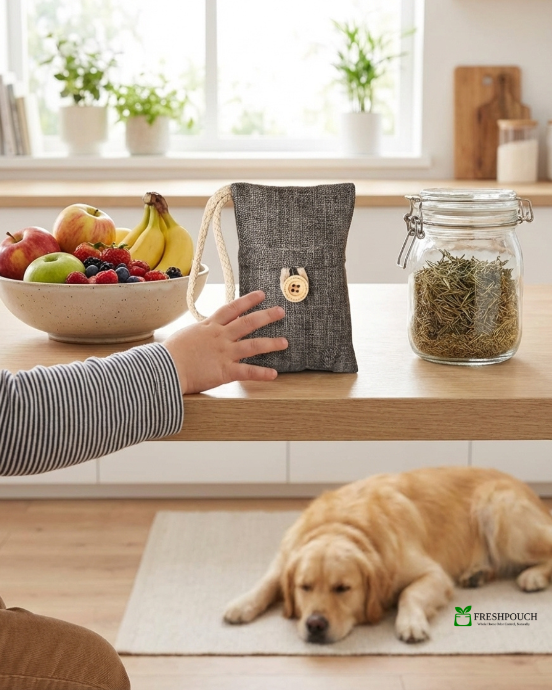 A charcoal grey linen FreshPouch bamboo charcoal bag with wooden button closure sits on a bright kitchen counter beside fresh fruit and herbs, with a child's hand reaching toward it and a golden retriever resting nearby