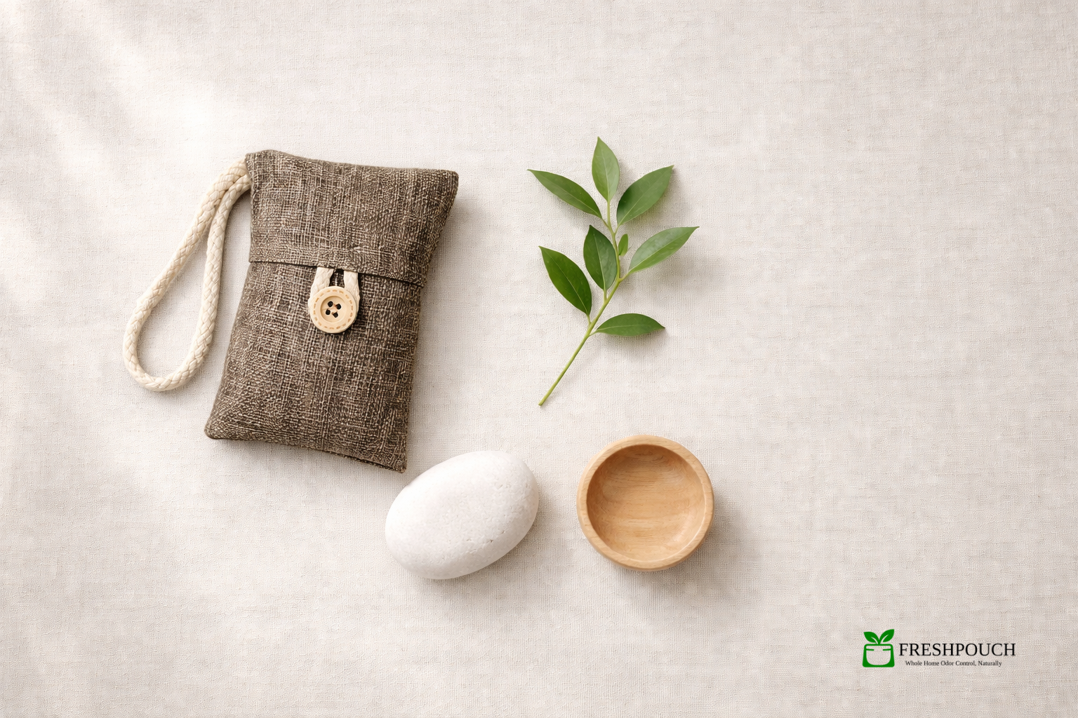 Minimalist flat-lay of a grey bamboo charcoal pouch with a green plant sprig and white stone on a linen surface — natural odor elimination, no chemicals.