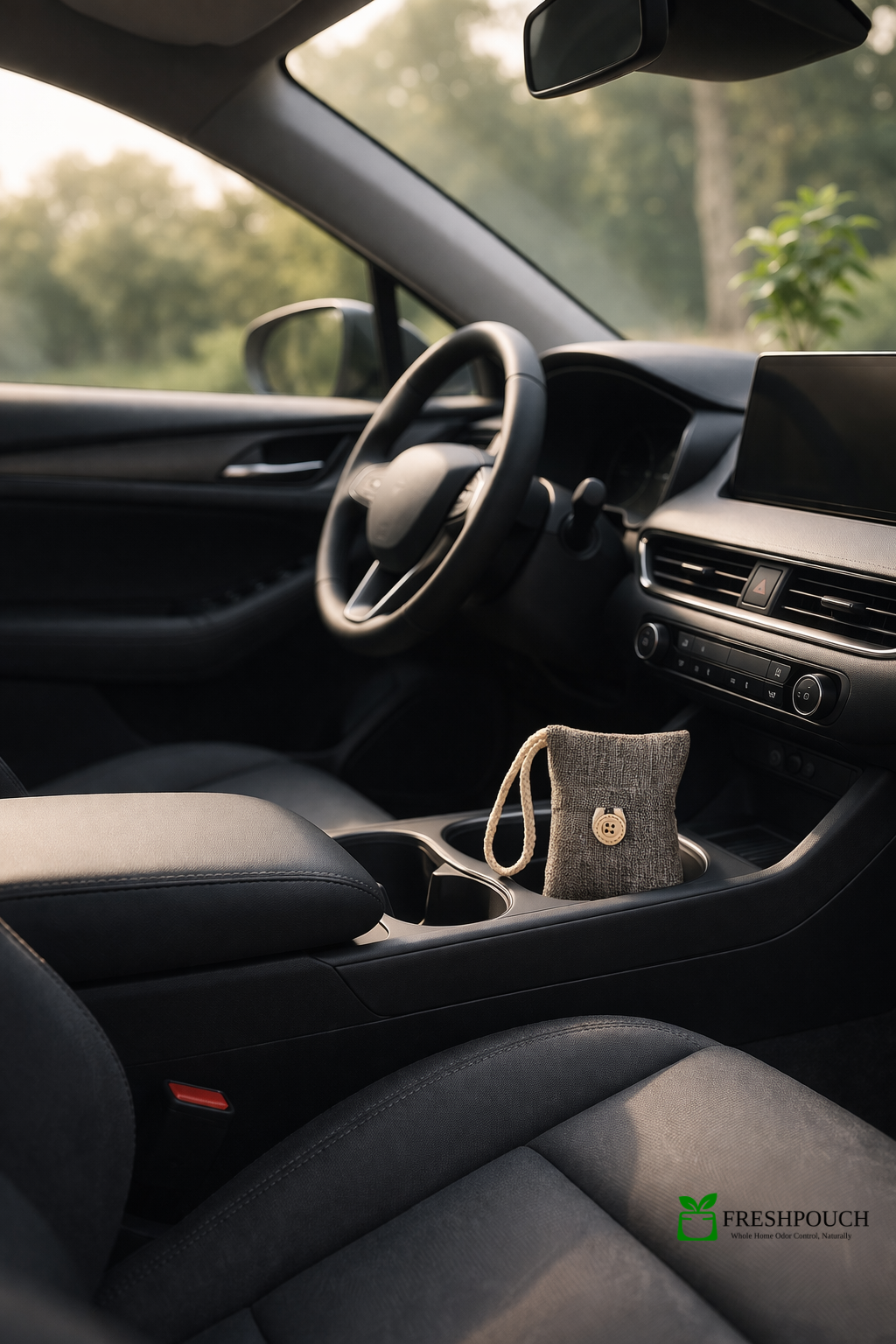 Clean modern car interior with a grey FreshPouch bamboo charcoal pouch in the cupholder — natural VOC and odor elimination without synthetic air fresheners.