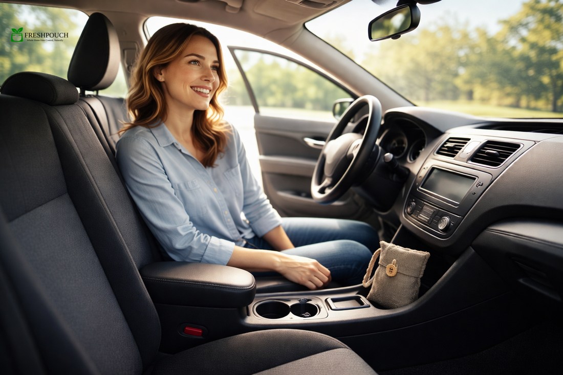 A womwn smiling bewcause FreshPouch has removed odors from her car.