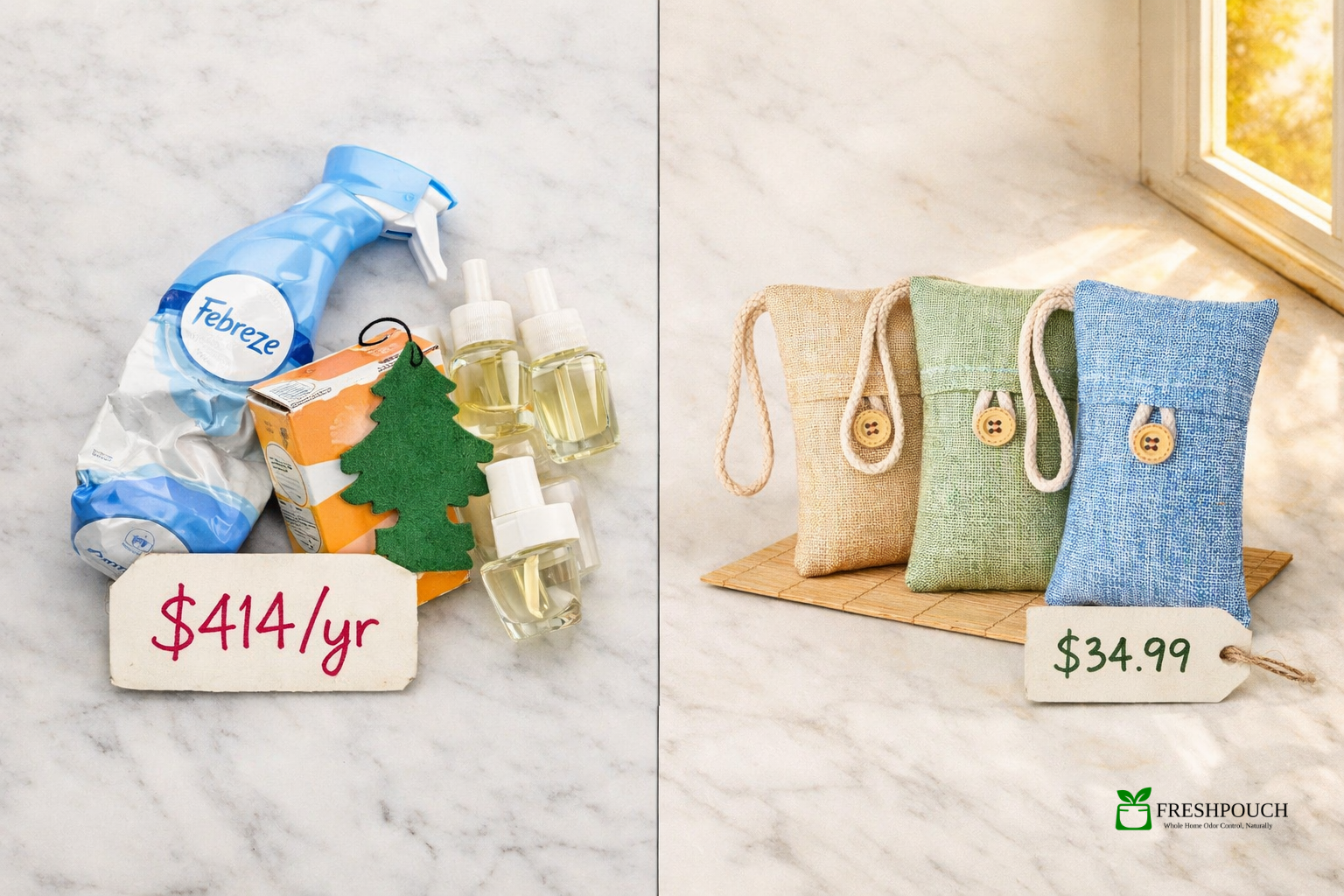 Flat lay comparison: cluttered odor products with “$414/yr” vs three charcoal pouches with “$34.99” on white marble.