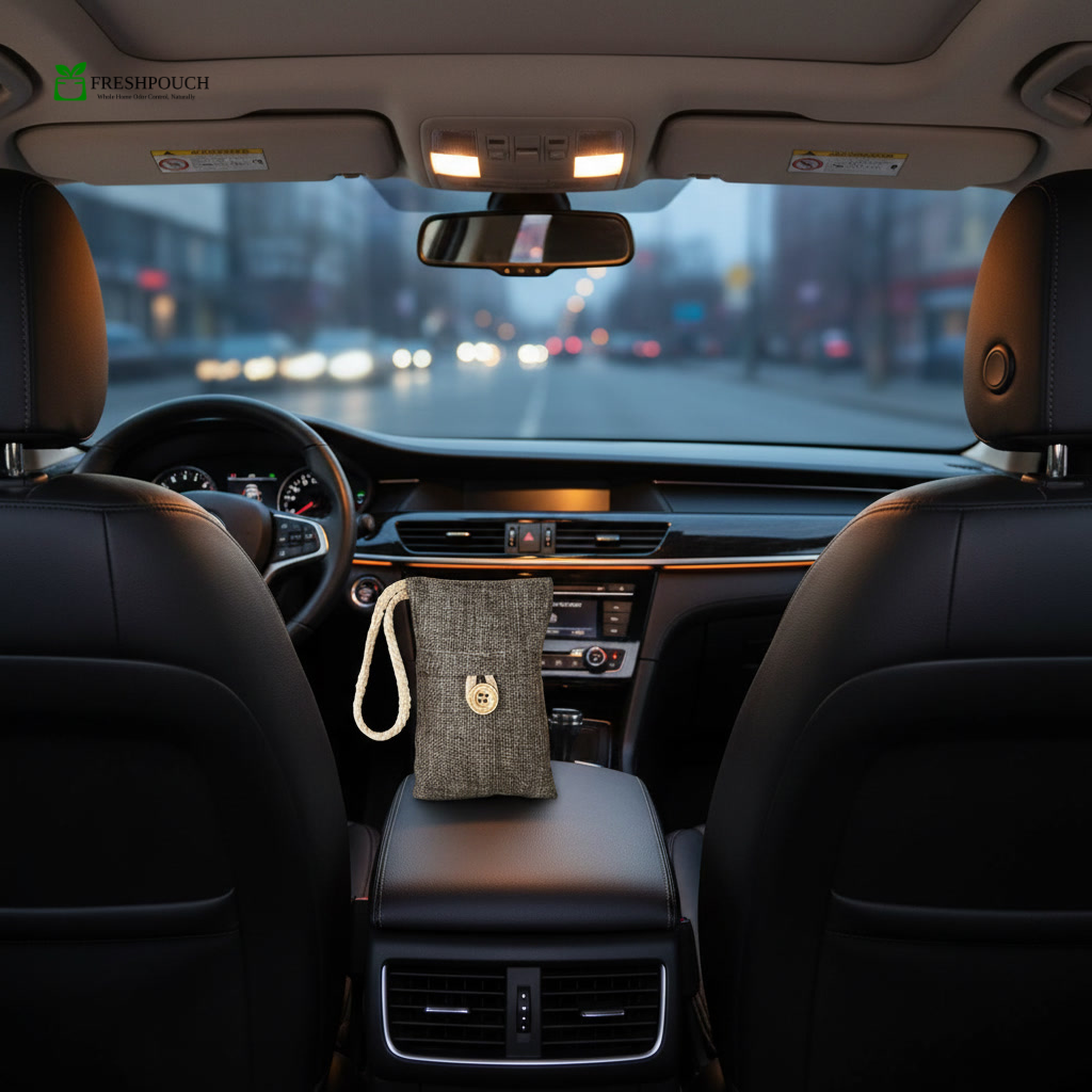 FreshPouch bamboo charcoal pouch in rideshare vehicle interior