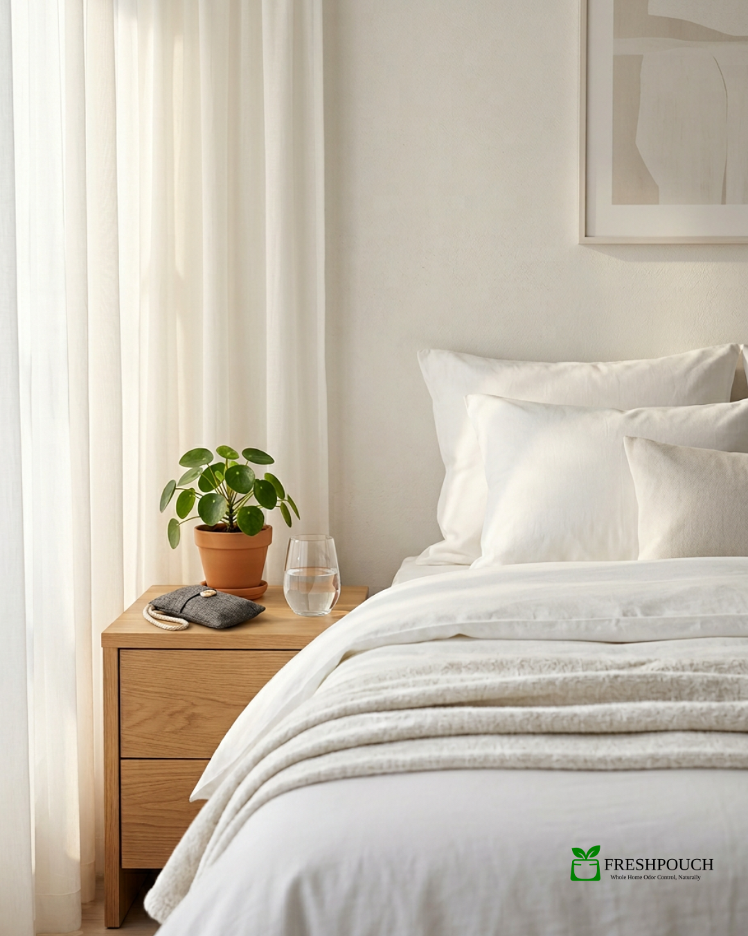 A pristine Airbnb bedroom with white linen bedding and soft natural light, with a FreshPouch bamboo charcoal bag on the nightstand for chemical-free odor elimination.
