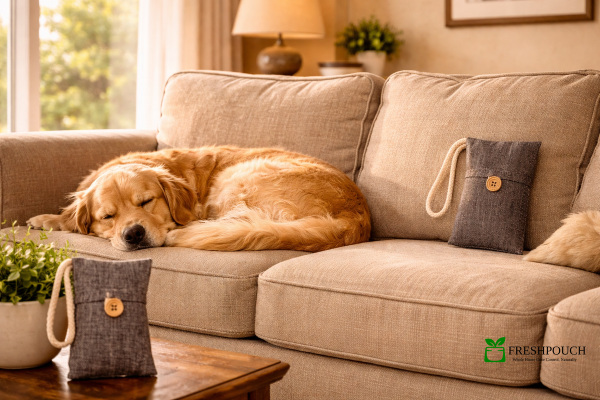 FreshPouch bamboo charcoal pouch tucked into a linen couch  beside a golden retriever in a clean warm family living room