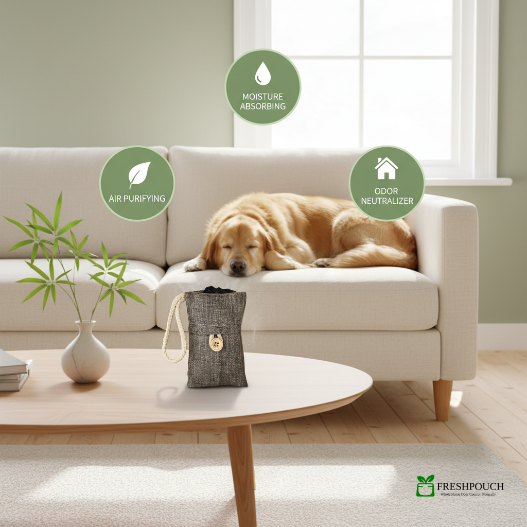 Puppy sleeping on the couch in a modern home with FreshPouch Bamboo Charcoal Odor Removing Pouch is Activated.