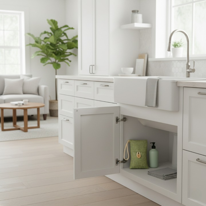 A clean, organized under-sink cabinet in a modern kitchen. Natural cleaning supplies, white towels, and a charcoal-grey linen FreshPouch placed among the items.