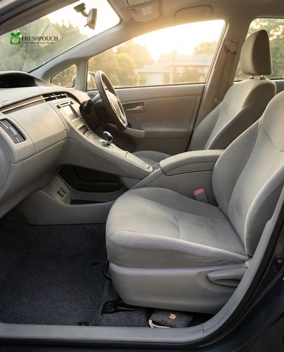 Clean used car interior with a FreshPouch bamboo charcoal bag tucked under the seat, eliminating odors naturally without sprays or synthetic air fresheners.