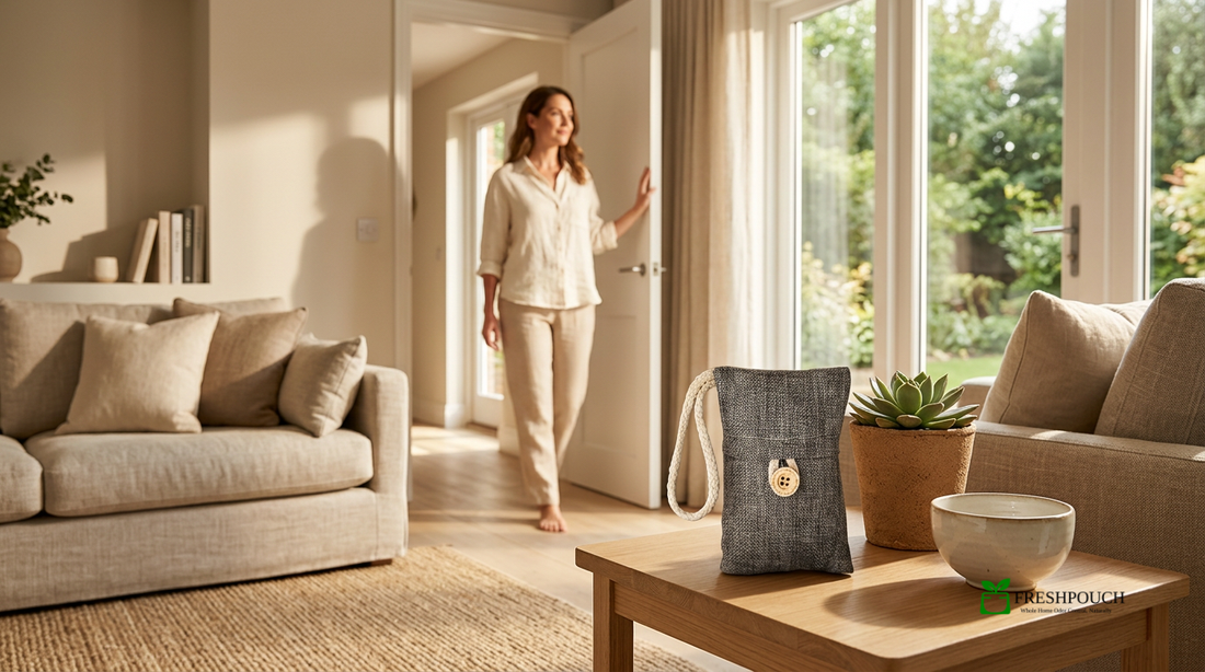 FreshPouch bamboo charcoal pouch on a side table in a clean  modern living room with natural light and neutral tones