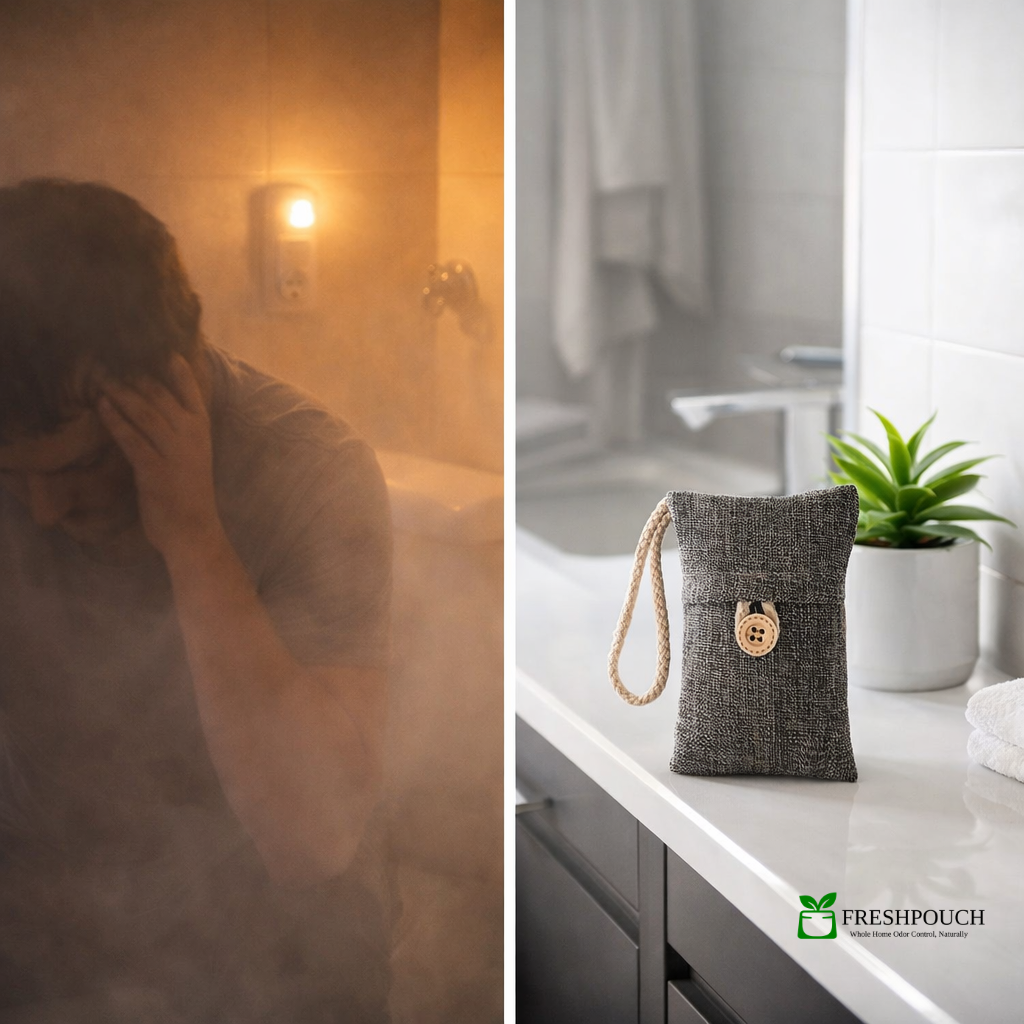 Split image showing synthetic air freshener causing discomfort versus a FreshPouch bamboo charcoal bag providing clean, chemical-free odor elimination.