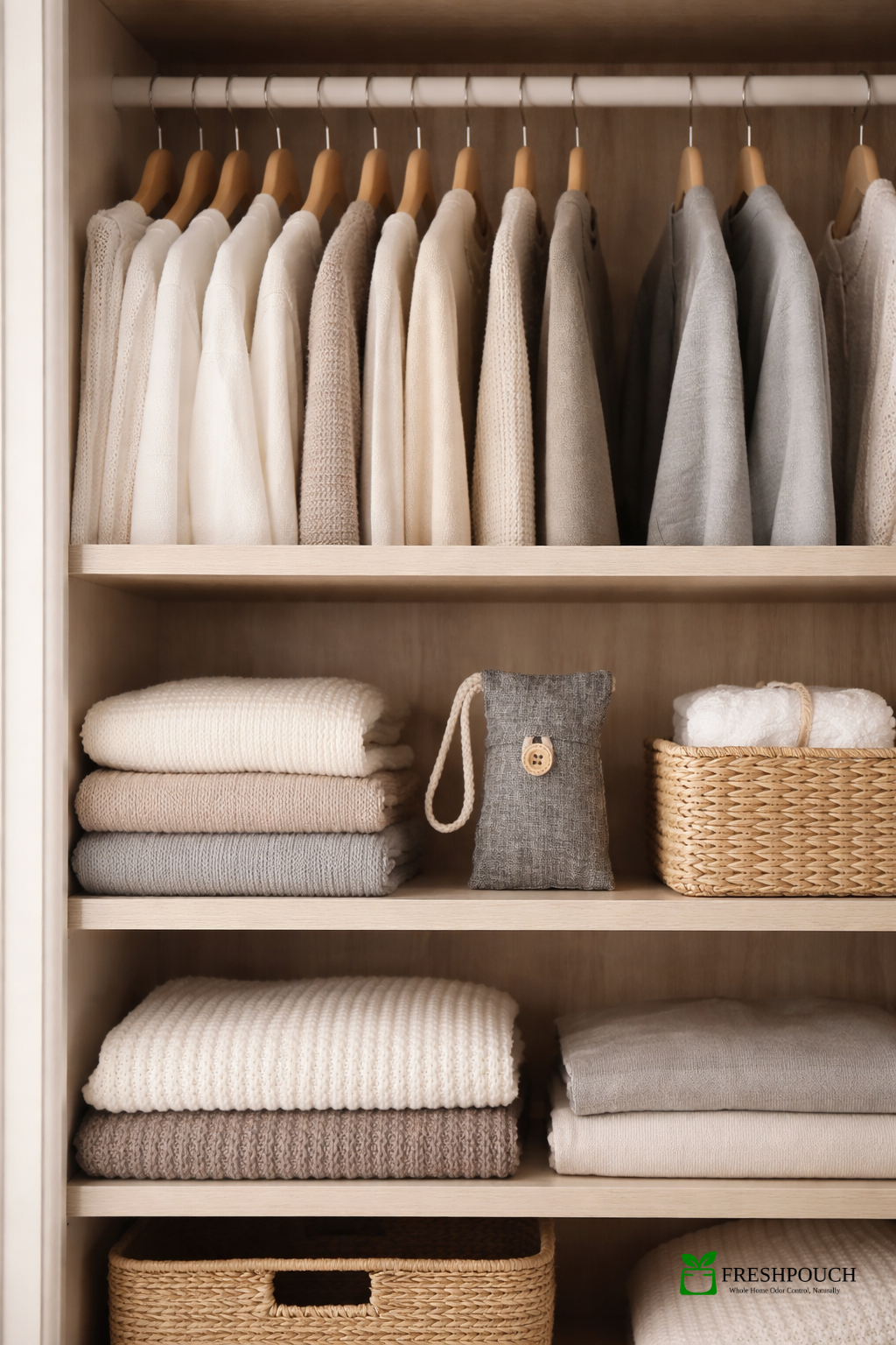 Organized closet with neutral clothing and a grey FreshPouch pouch on the shelf — natural odor and moisture control all year, no sachets needed.