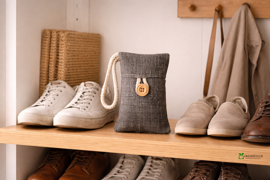 FreshPouch activated bamboo charcoal odor eliminator pouch placed between shoes on a wooden closet shelf