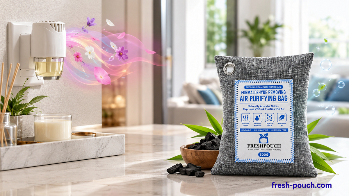 Split-screen comparison showing artificial fragrance masking unwanted odors on one side and FreshPouch bamboo charcoal odor control on the other, illustrating a fragrance-free approach to adsorbing lingering household odors.