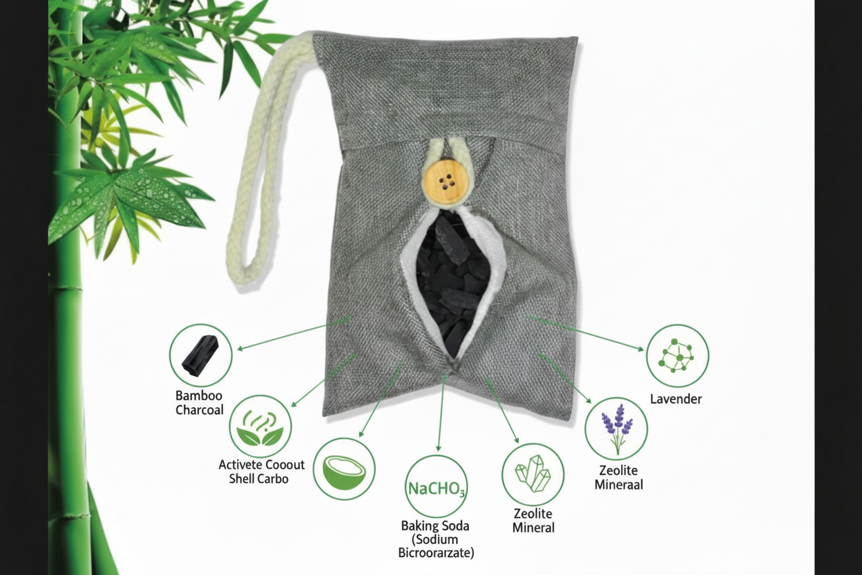 Gray pouch with a button labeled 'Bamboo Charcoal' on a white background with green bamboo leaves.