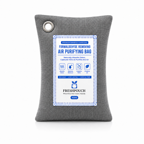 A square-shaped gray textured air purifying bag with a metal grommet at the top left corner and a large white product label on the front. The label features blue text and icons for Freshpouch brand.