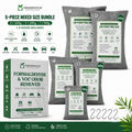 Freshpouch 5-piece mixed size bundle for formaldehyde and VOC odor remover, featuring bamboo charcoal air purifying bags in 500g, 300g, 200g, and 100g sizes, along with 5 hanging hooks, shown with product packaging and informational graphics on a white background.