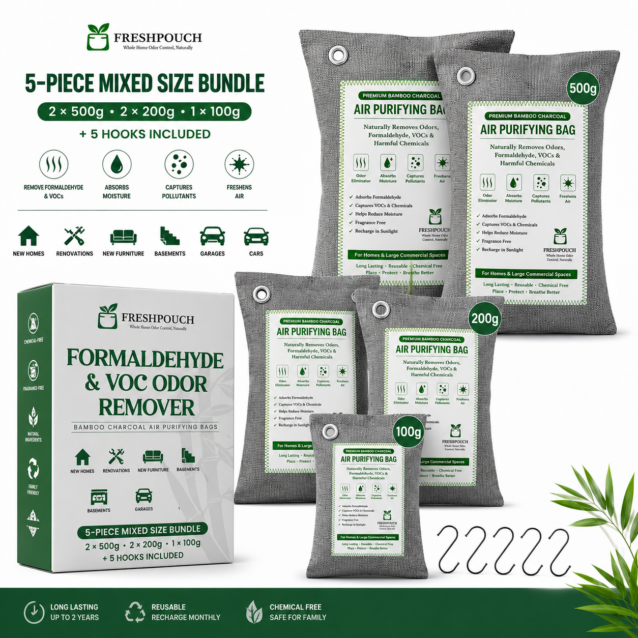 Freshpouch 5-piece mixed size bundle for formaldehyde and VOC odor remover, featuring bamboo charcoal air purifying bags in 500g, 300g, 200g, and 100g sizes, along with 5 hanging hooks, shown with product packaging and informational graphics on a white background.