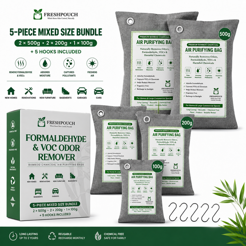 Freshpouch 5-piece mixed size bundle for formaldehyde and VOC odor remover, featuring bamboo charcoal air purifying bags in 500g, 300g, 200g, and 100g sizes, along with 5 hanging hooks, shown with product packaging and informational graphics on a white background.