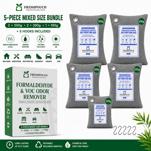 Freshpouch 5-piece mixed size bundle of bamboo charcoal air purifying bags in 500g, 200g, and 100g sizes, including 5 hanging hooks, shown with the product box and feature icons on a white and green background.