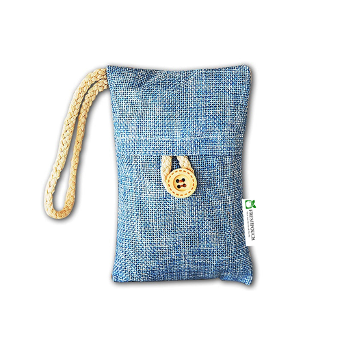 A blue woven fabric pouch with a braided beige rope wrist strap and a decorative beige button closure, shown on a plain white background.