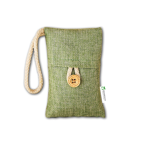 A small olive green woven fabric pouch with a cream braided wrist strap and a decorative wooden button closure, shown on a plain white background.
