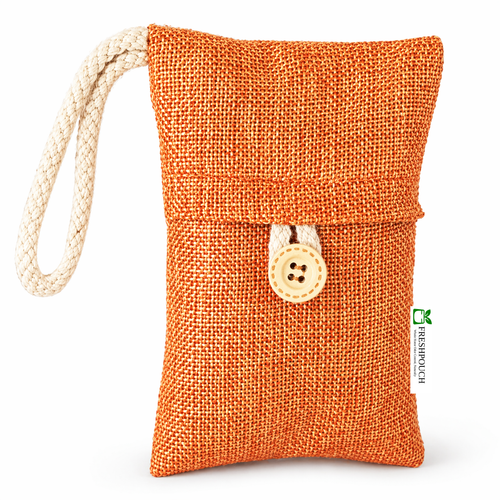 An orange woven fabric pouch with a cream-colored braided loop handle and a matching cream button closure, shown on a plain white background.