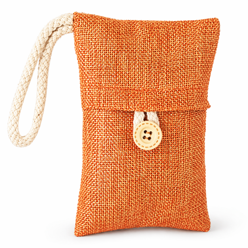 Orange textured pouch with a button and white strap on a white background