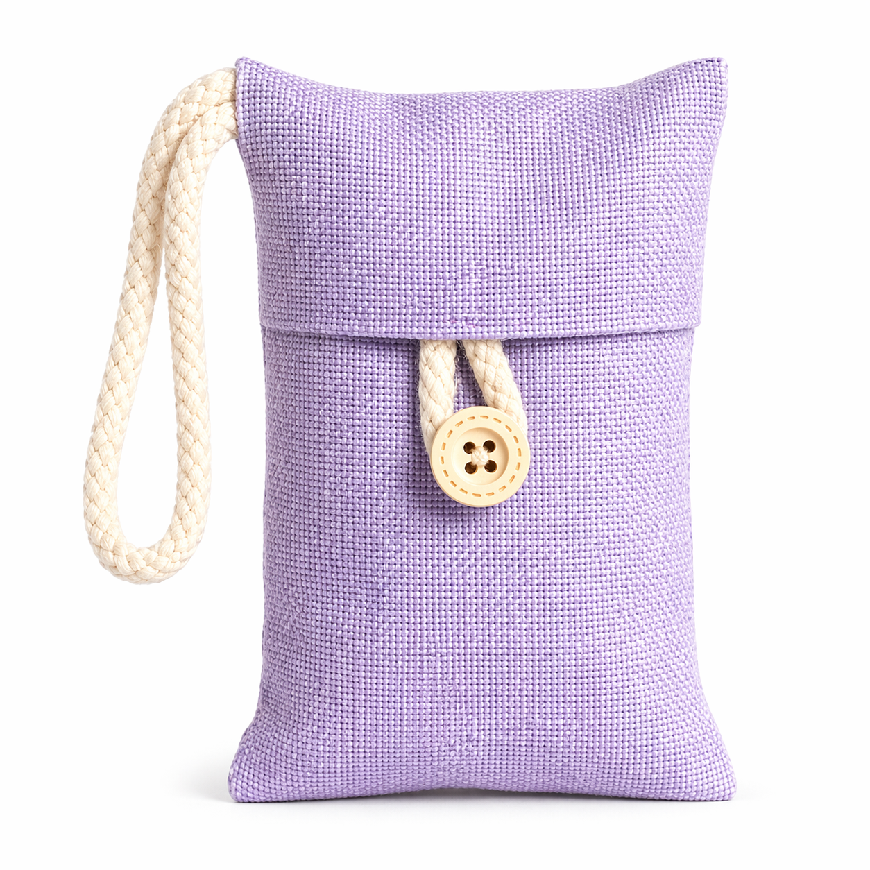 Purple fabric pouch with a button and rope handle on a white background