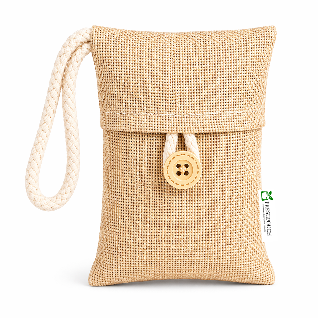 A small woven fabric pouch in a natural beige color, featuring a cream-colored braided rope handle and a matching rope button closure. The pouch is shown on a clean white background with a small green brand watermark on the right side.