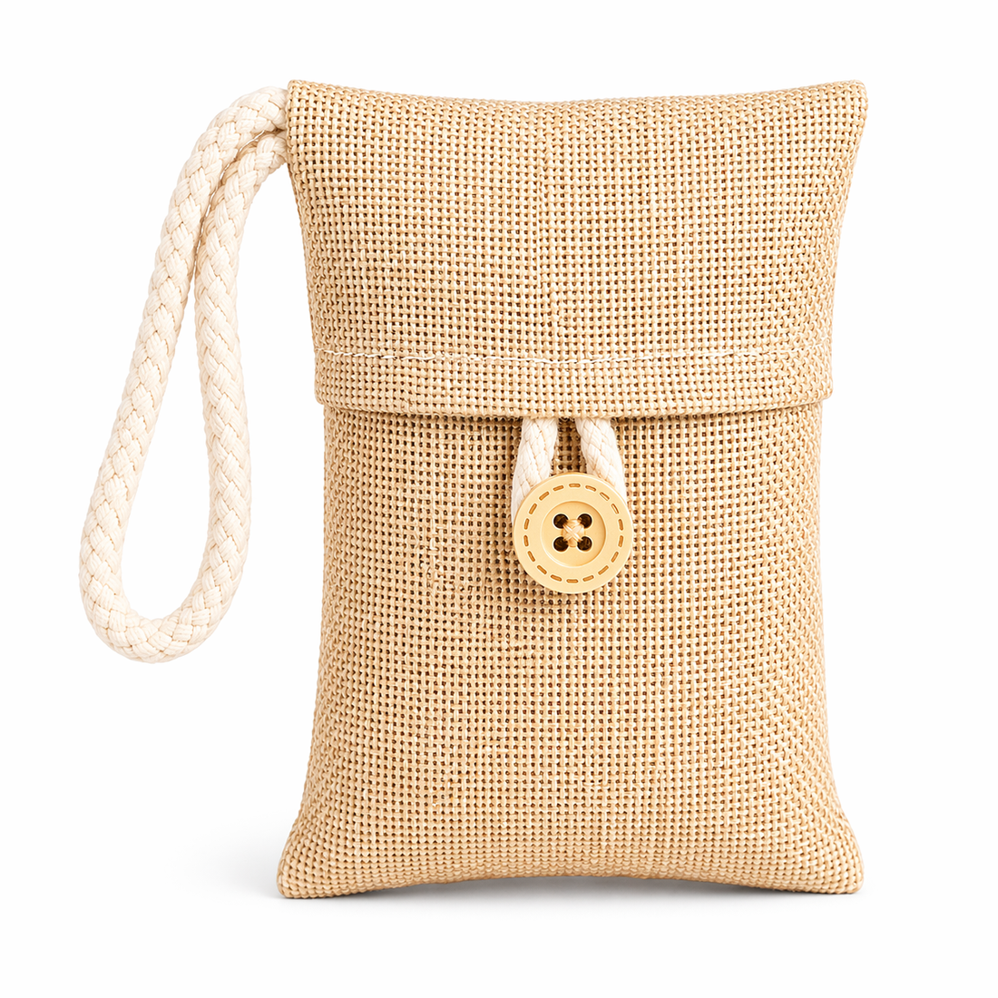 Beige woven pouch with a button and rope handle on a white background