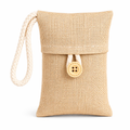 Beige woven pouch with a button and rope handle on a white background