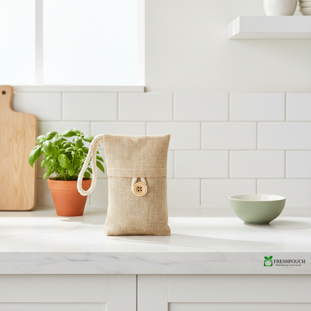 Bamboo product on a kitchen counter with a plant and bowl in the background