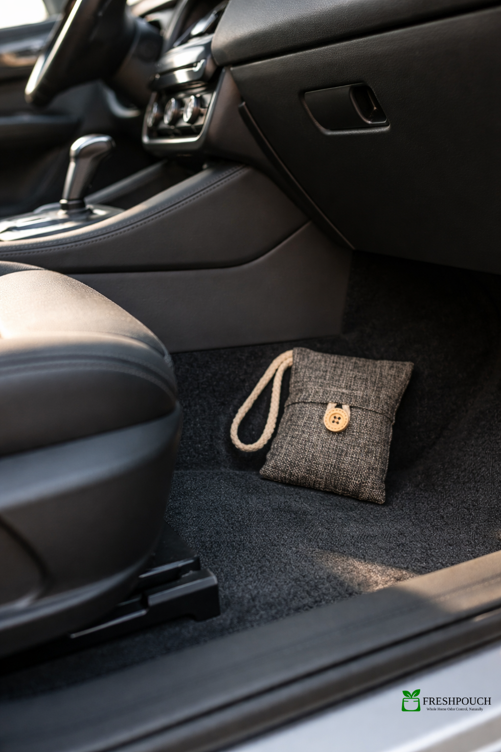 Car interior with a FreshPouch deodorizer on the floor mat