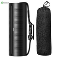 Black portable air purifier with carrying strap and mesh bag on a white background