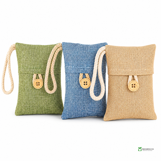 Three fabric FreshPouch in green, blue, and beige with button closures on a white background.