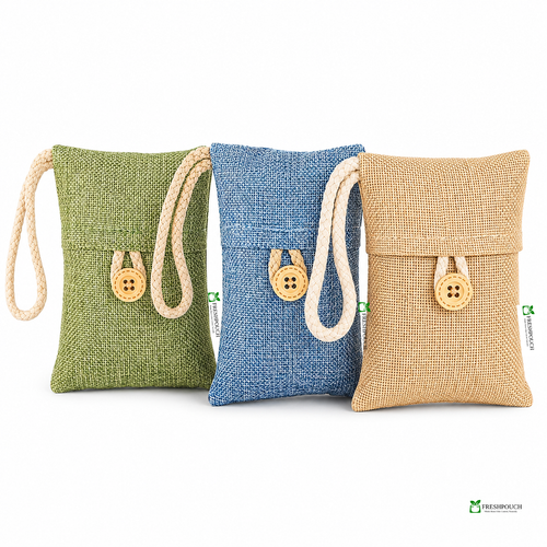 Three small woven pouches with rope handles and wooden buttons, shown side by side on a white background. The pouches are olive green, medium blue, and natural beige.