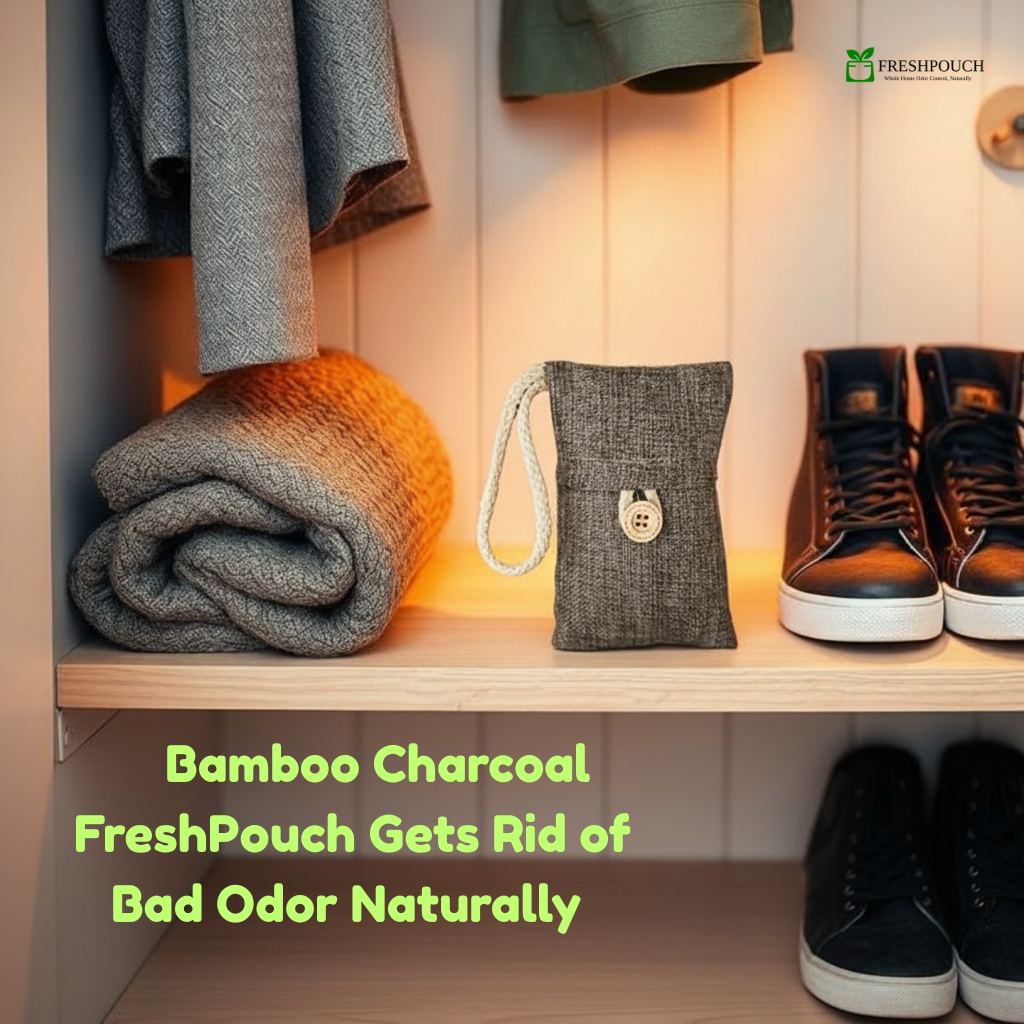 Bamboo charcoal FreshPouch on a shelf with clothes and shoes, promoting natural odor removal.