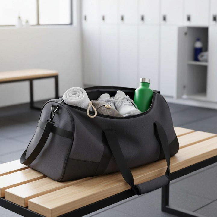 Black duffel bag with shoes, a towel, and a green bottle on a wooden bench in a modern room.