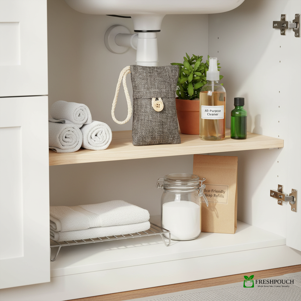 Bathroom cabinet with towels, a pouch, and cleaning supplies under a sink.