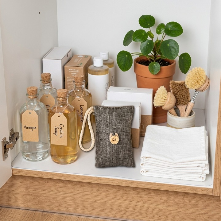 Organized shelf with cleaning supplies, plants, and kitchen items.